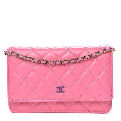 Chanel Lambskin Quilted Wallet On Chain WOC Pink Yellow 1 of 11