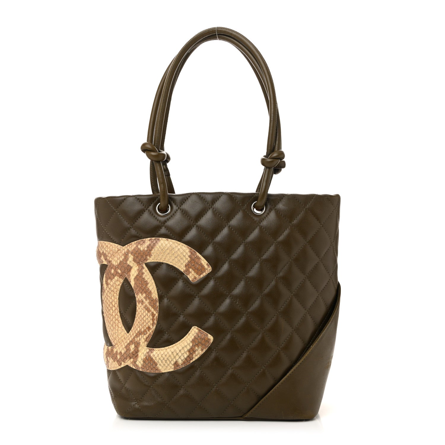 Chanel Calfskin Snakeskin Quilted Small Cambon Tote Khaki 2 of 23
