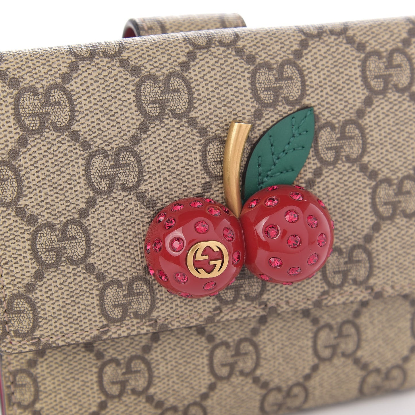 GG Supreme Monogram Cherry Embellished Card Case Wallet Hibiscus Red