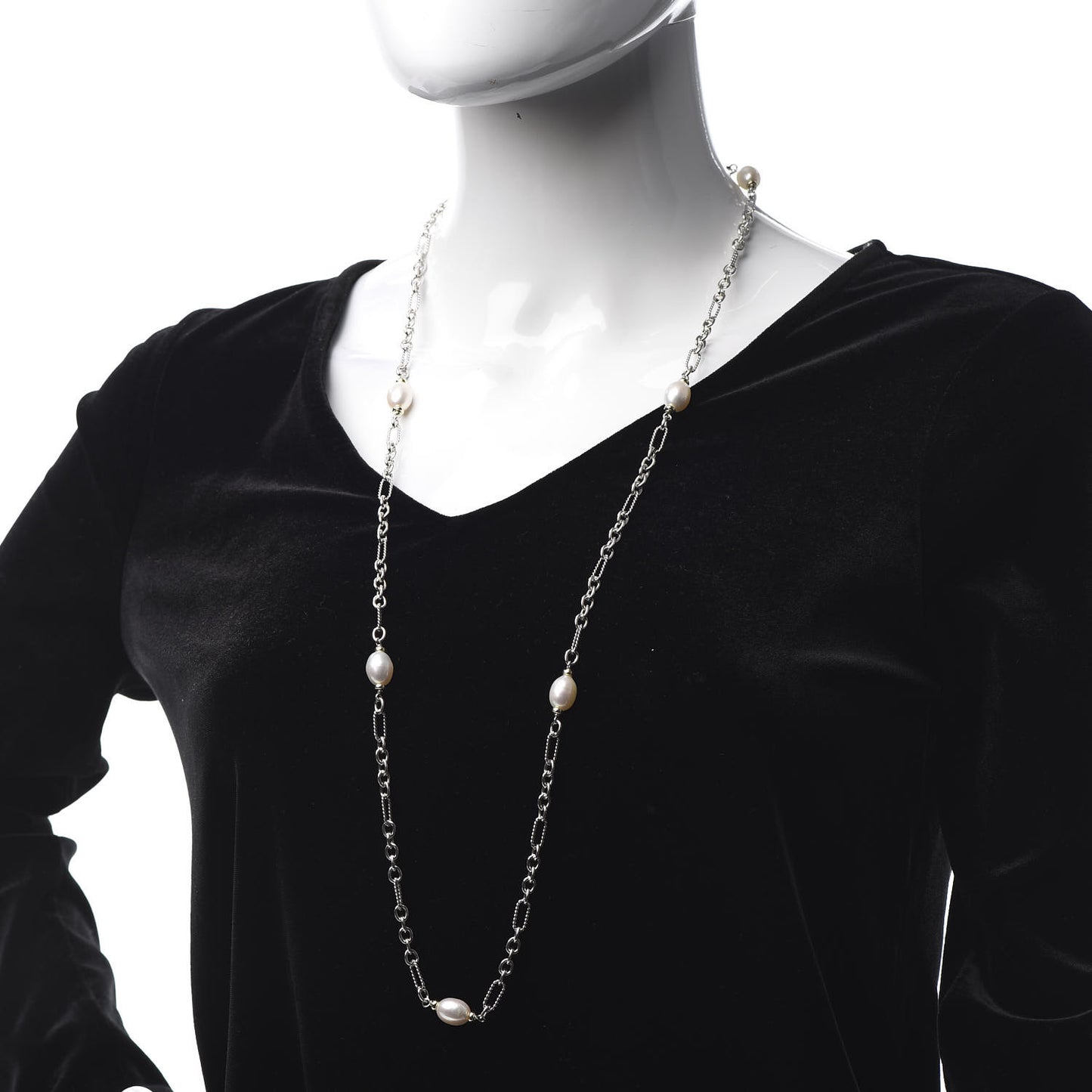 Sterling Silver 18K Yellow Gold Baroque Pearl Long Figaro Chain Necklace