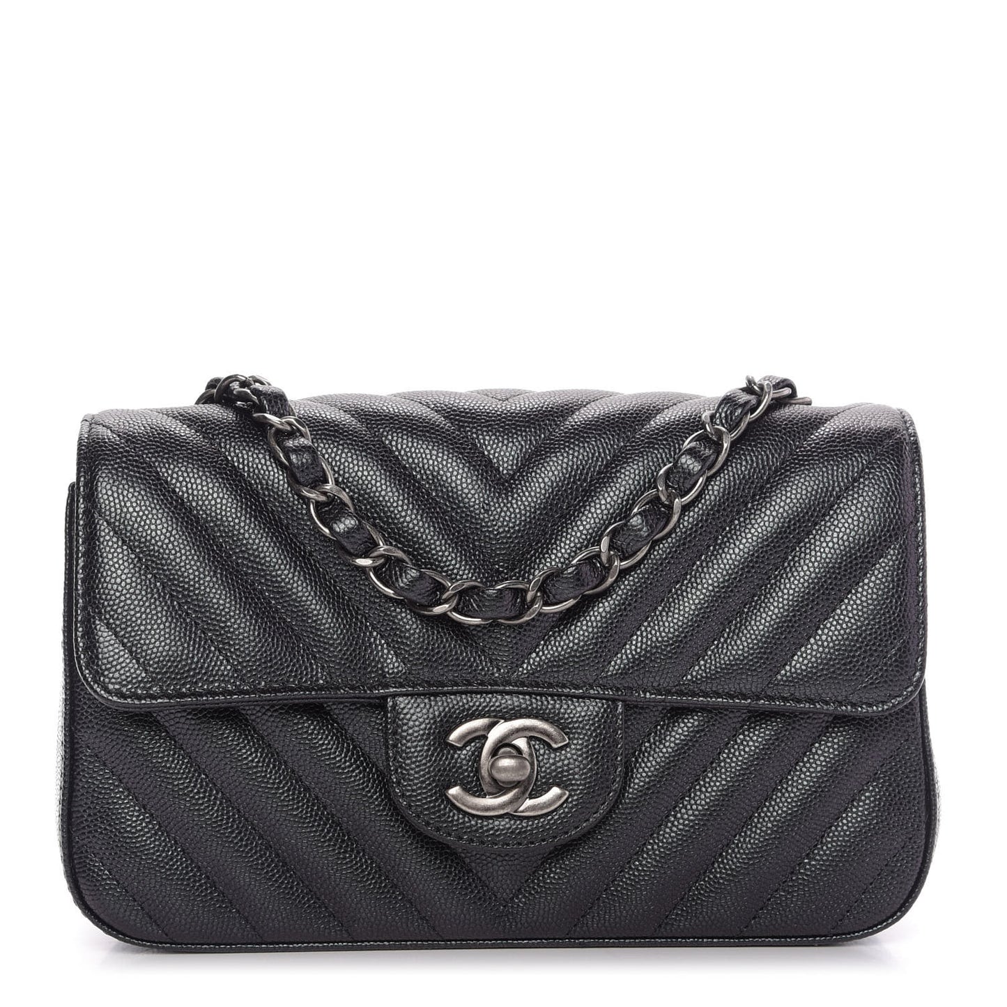 Iridescent Caviar Chevron Quilted Mini Rectangular Flap Black