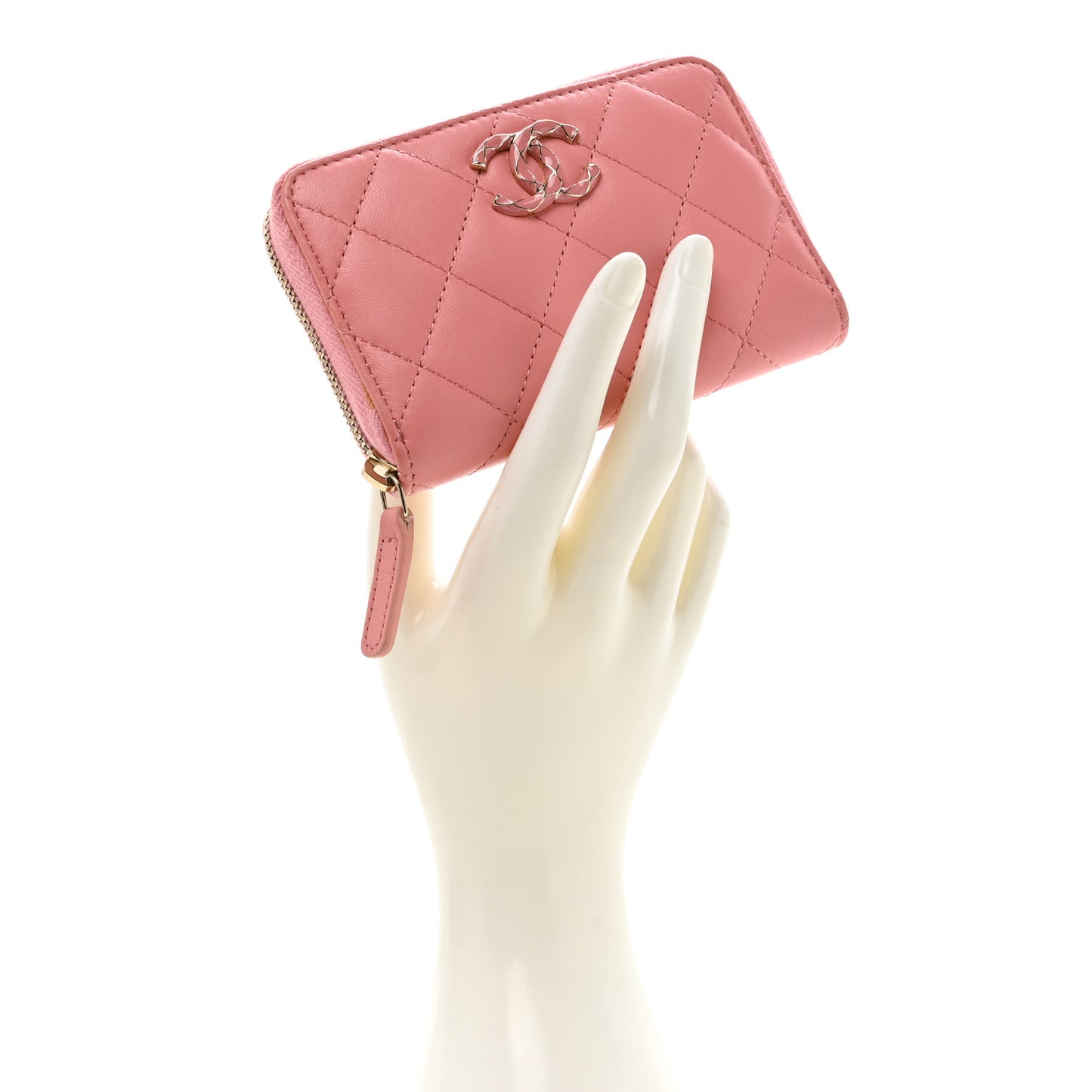 Lambskin Enamel Quilted Zip Around Coin Purse Wallet Pink