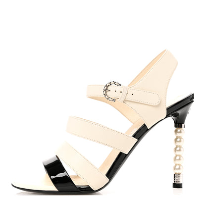 Chanel Lambskin Patent Pearl Sandals 36.5 Ivory Black 1 of 11