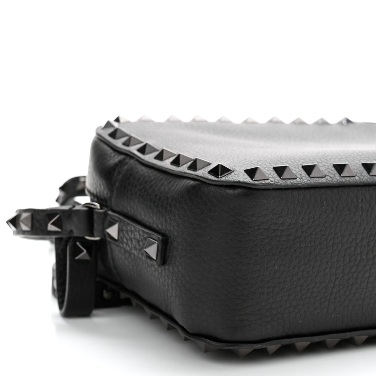 Pebbled Calfskin Rockstud Camera Crossbody Bag Black