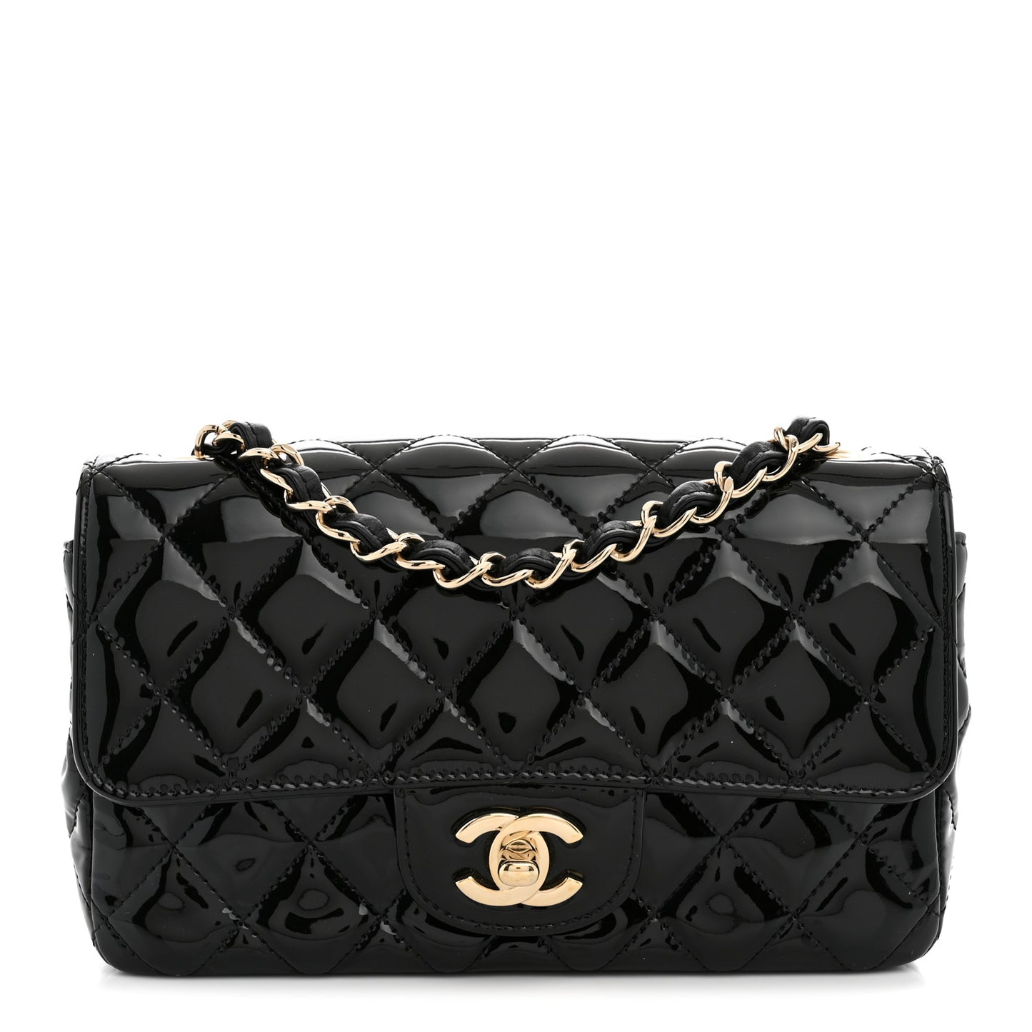 Patent Calfskin Quilted Mini Rectangular Flap Black