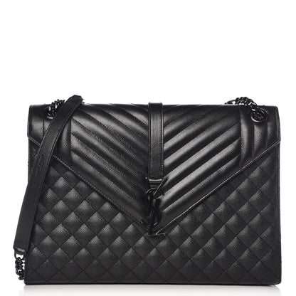 Saint Laurent Grain De Poudre Textured Mixed Matelasse Large Triquilt Monogram Monochrome Satchel Black 1 of 7