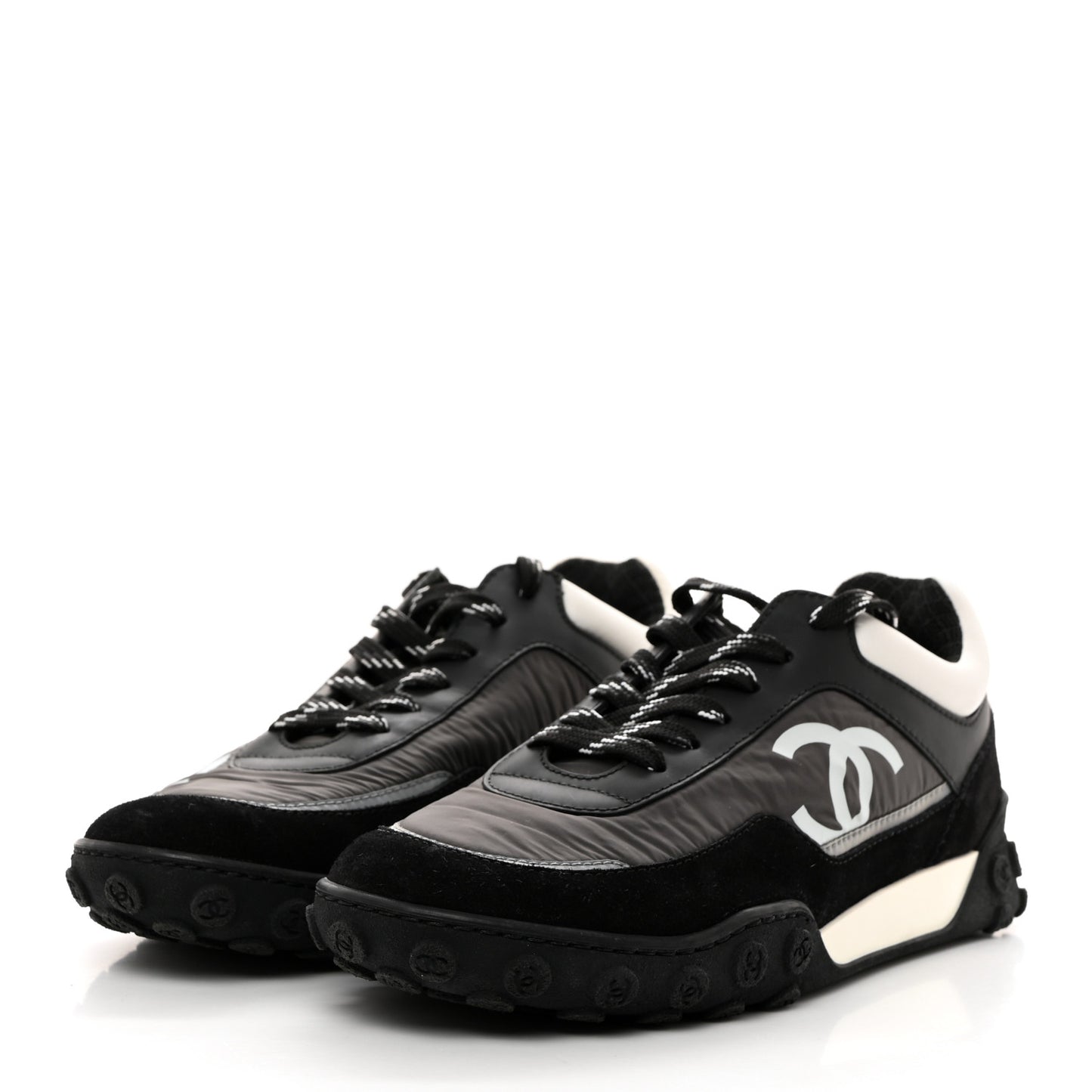 Nylon Calfskin Suede Womens CC Sneakers 37 Black Grey White
