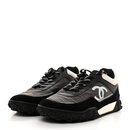 Chanel Nylon Calfskin Suede Womens CC Sneakers 37 Black Grey White 3 of 8