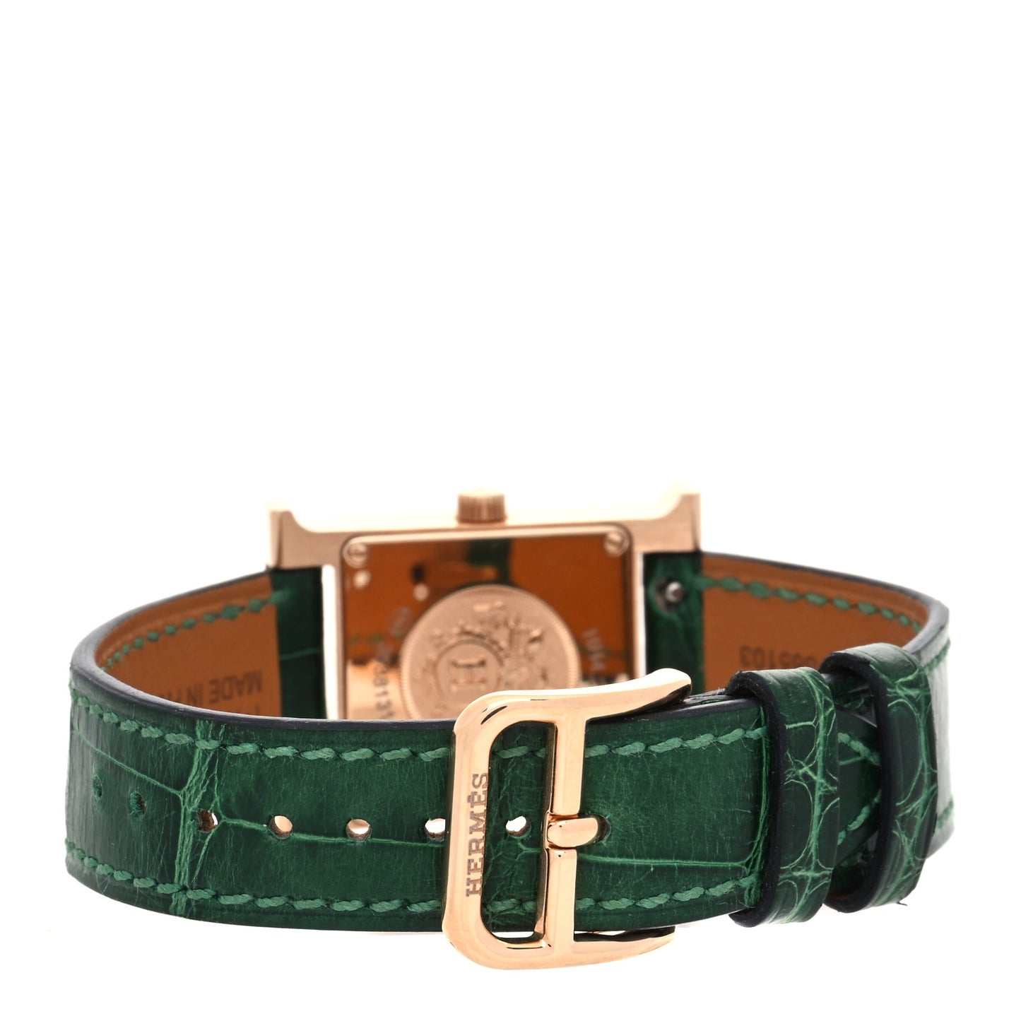 18K Rose Gold Alligator Diamond Bezel Malachite 21mm Heure H Hour Quartz Watch Vert Moyen