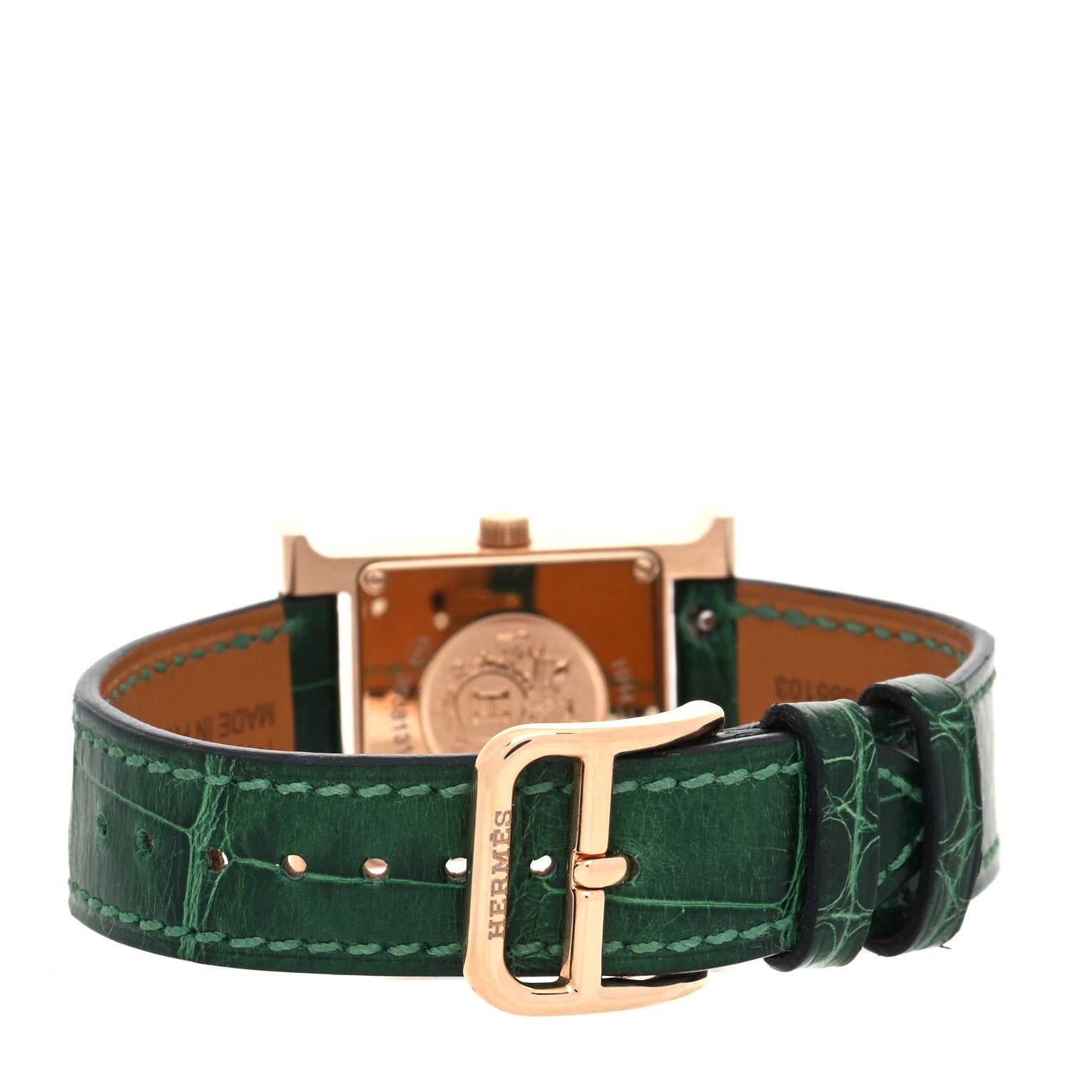 Hermes 18K Rose Gold Alligator Diamond Bezel Malachite 21mm Heure H Hour Quartz Watch Vert Moyen 3 of 5