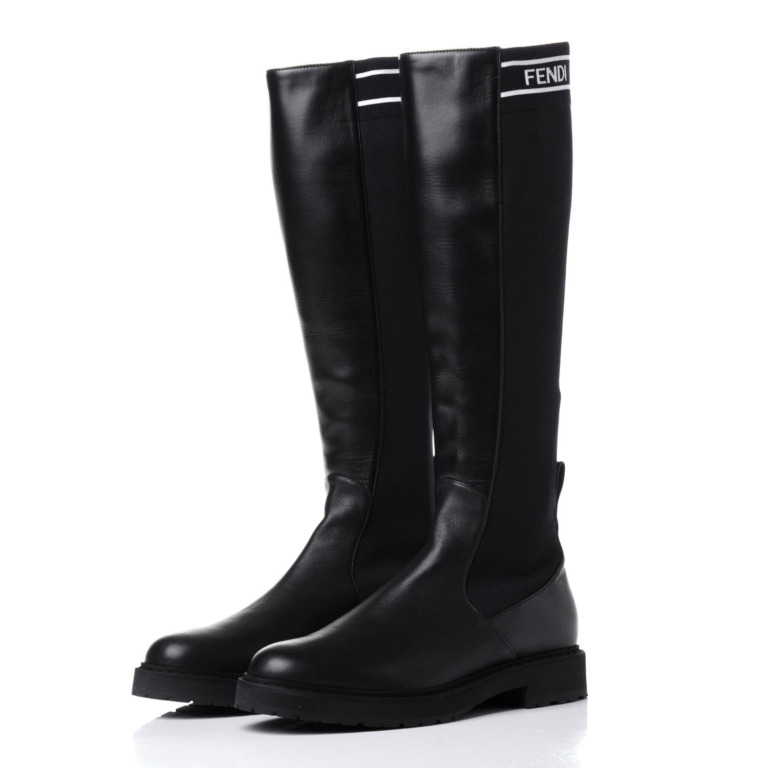 Fendi Lambskin Stretch Fabric Logo Rockoko Tall Boots 37 Black White 3 of 14