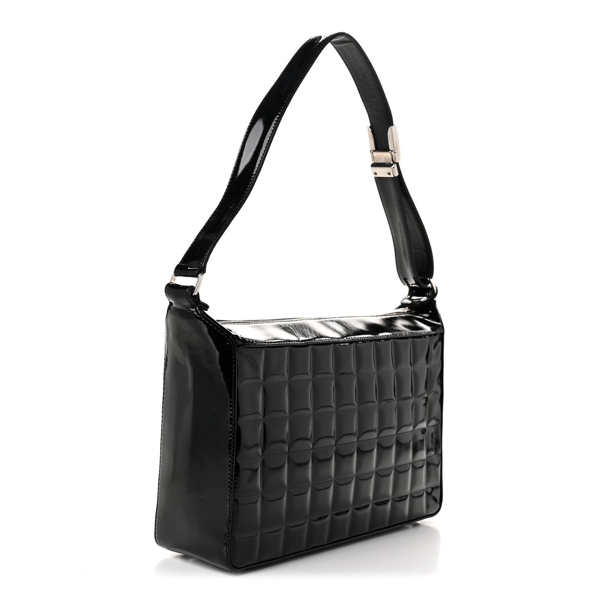Patent Chocolate Bar Quilted Shoulder Bag Black