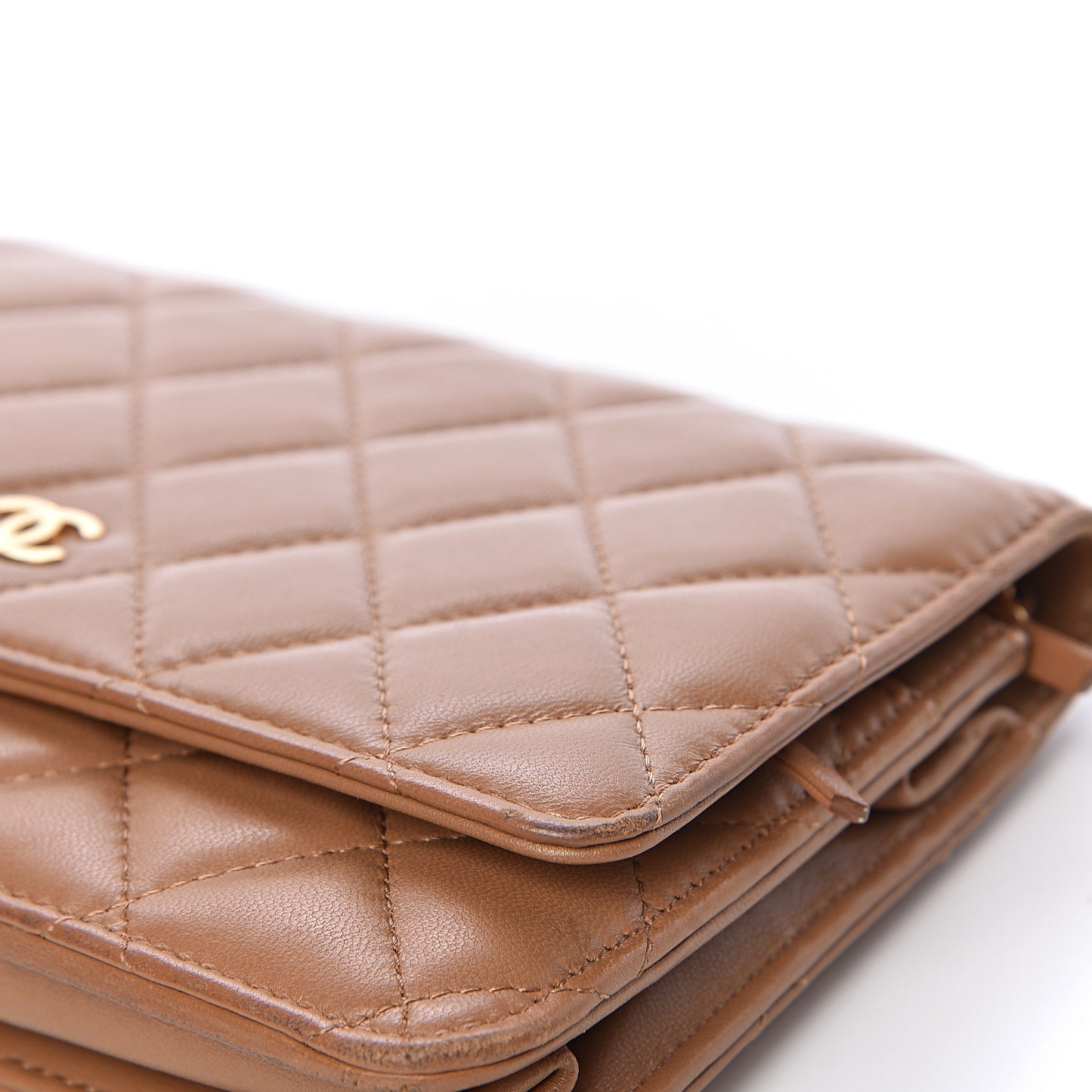 Lambskin Quilted Wallet on Chain WOC Dark Beige
