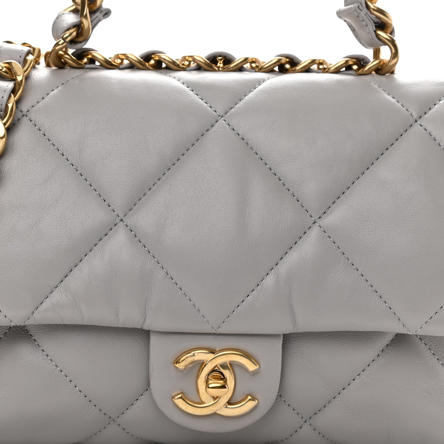 Lambskin Quilted Chain Top Handle Flap Light Grey