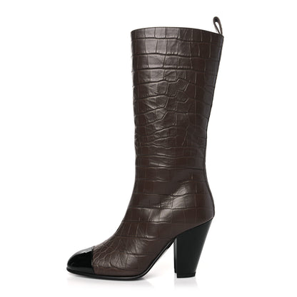 Chanel Calfskin Crocodile Embossed Cap Toe High Boots 35 Gold 1 of 8