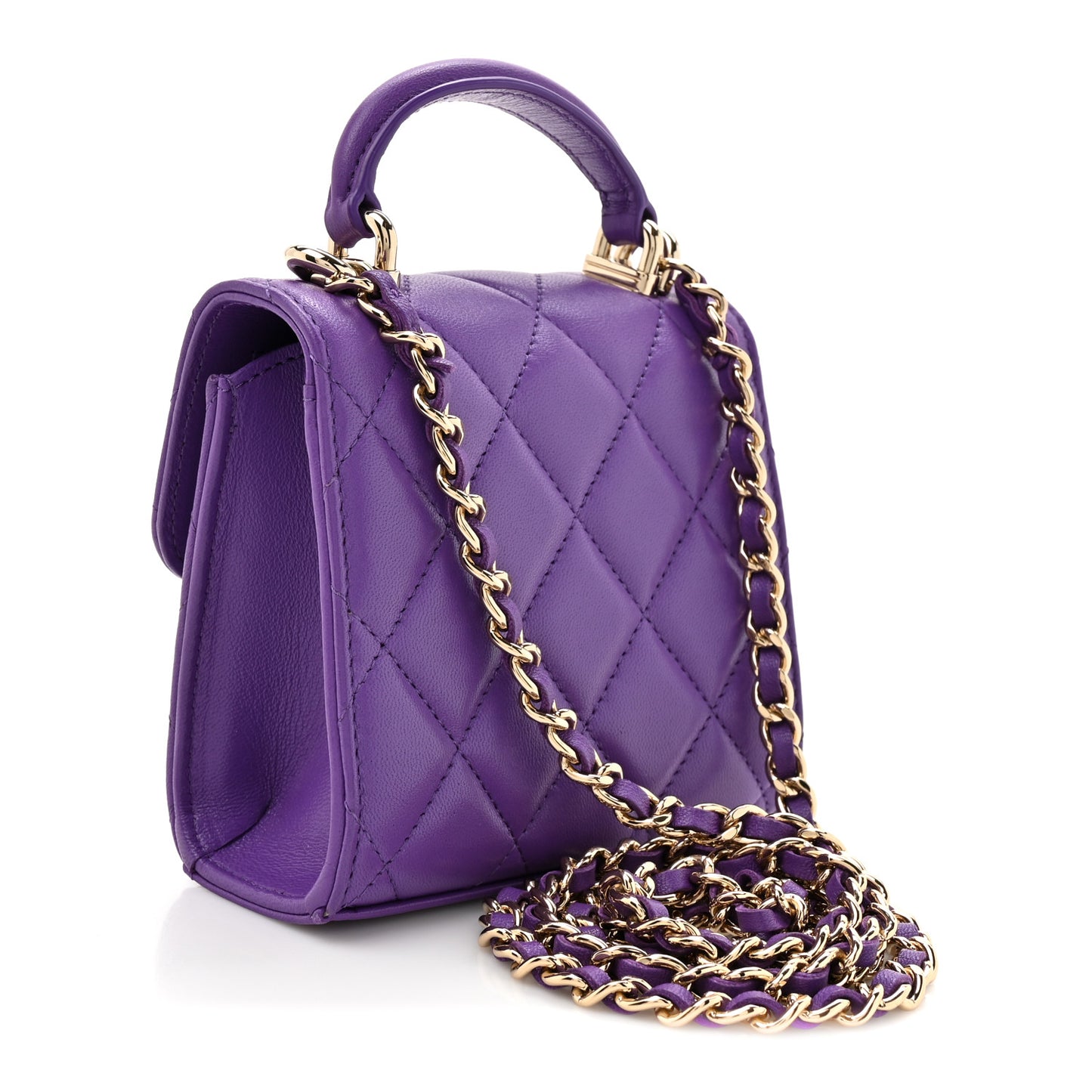 Lambskin Quilted Top Handle Flap Clutch With Chain Purple