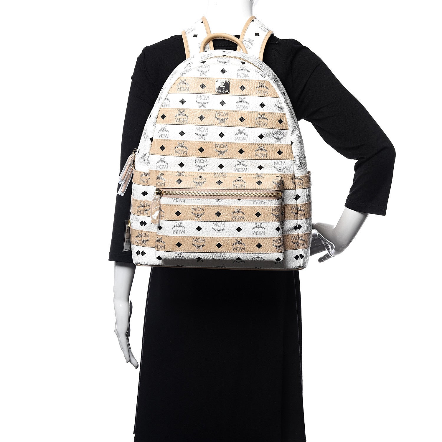 MCM Metallic Visetos Striped Medium Stark Backpack White Beige 2 of 11