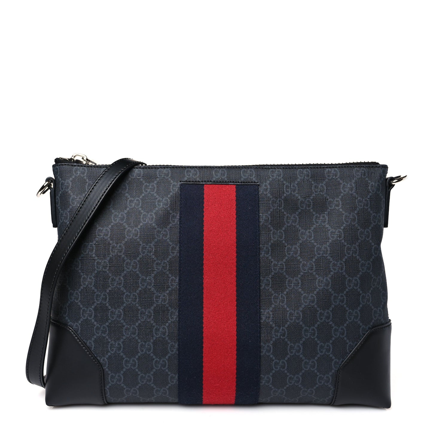 Soft GG Supreme Monogram Appia Calfskin Web East West Messenger Bag Black Grey