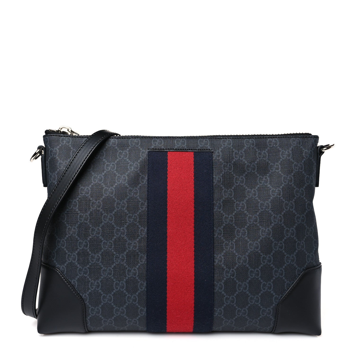Gucci Soft GG Supreme Monogram Appia Calfskin Web East West Messenger Bag Black Grey 1 of 9