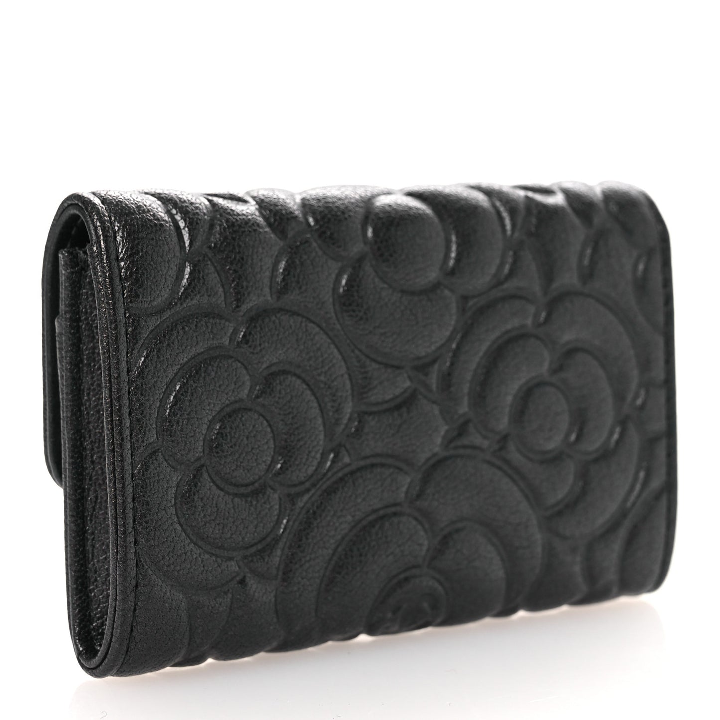 Goatskin Camellia Embossed Flap Card Holder Wallet Grey