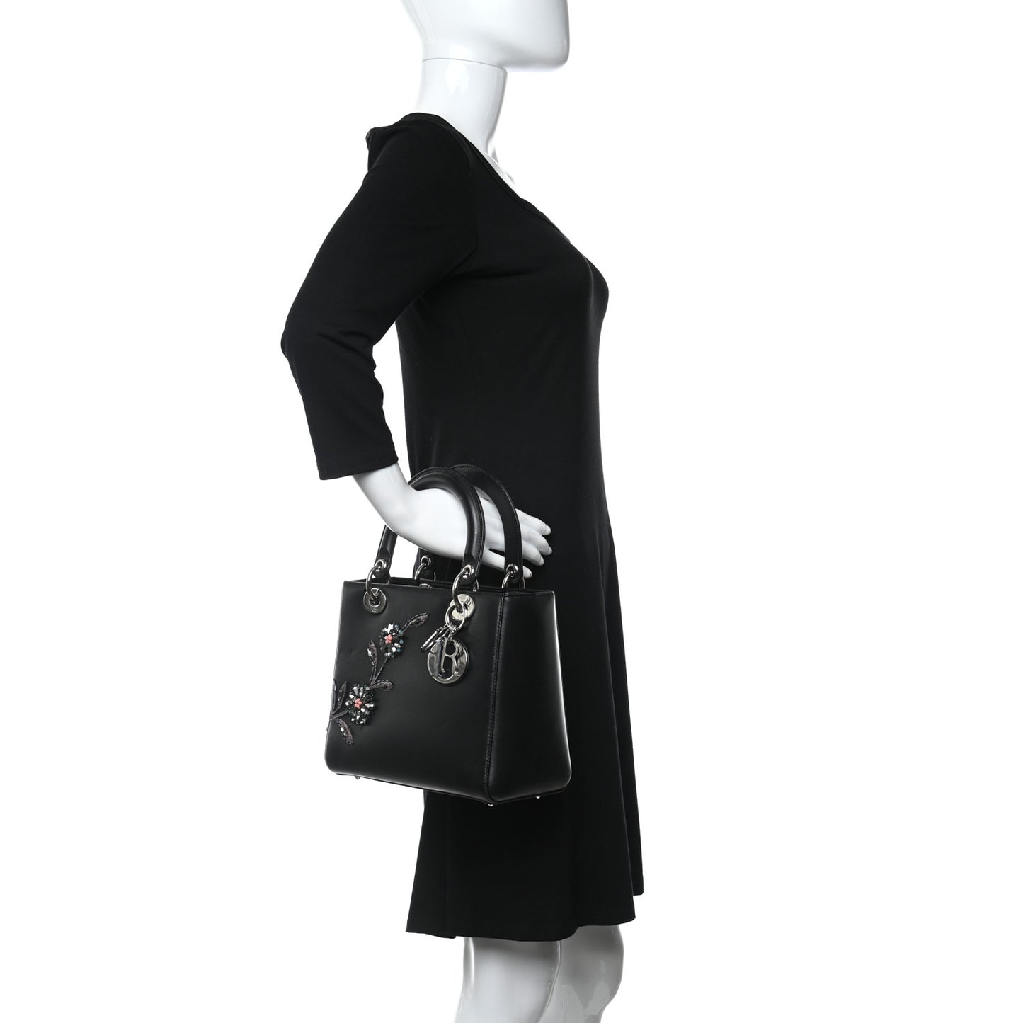 Smooth Calfskin Embroidered Beaded Birds Medium Lady Dior Black