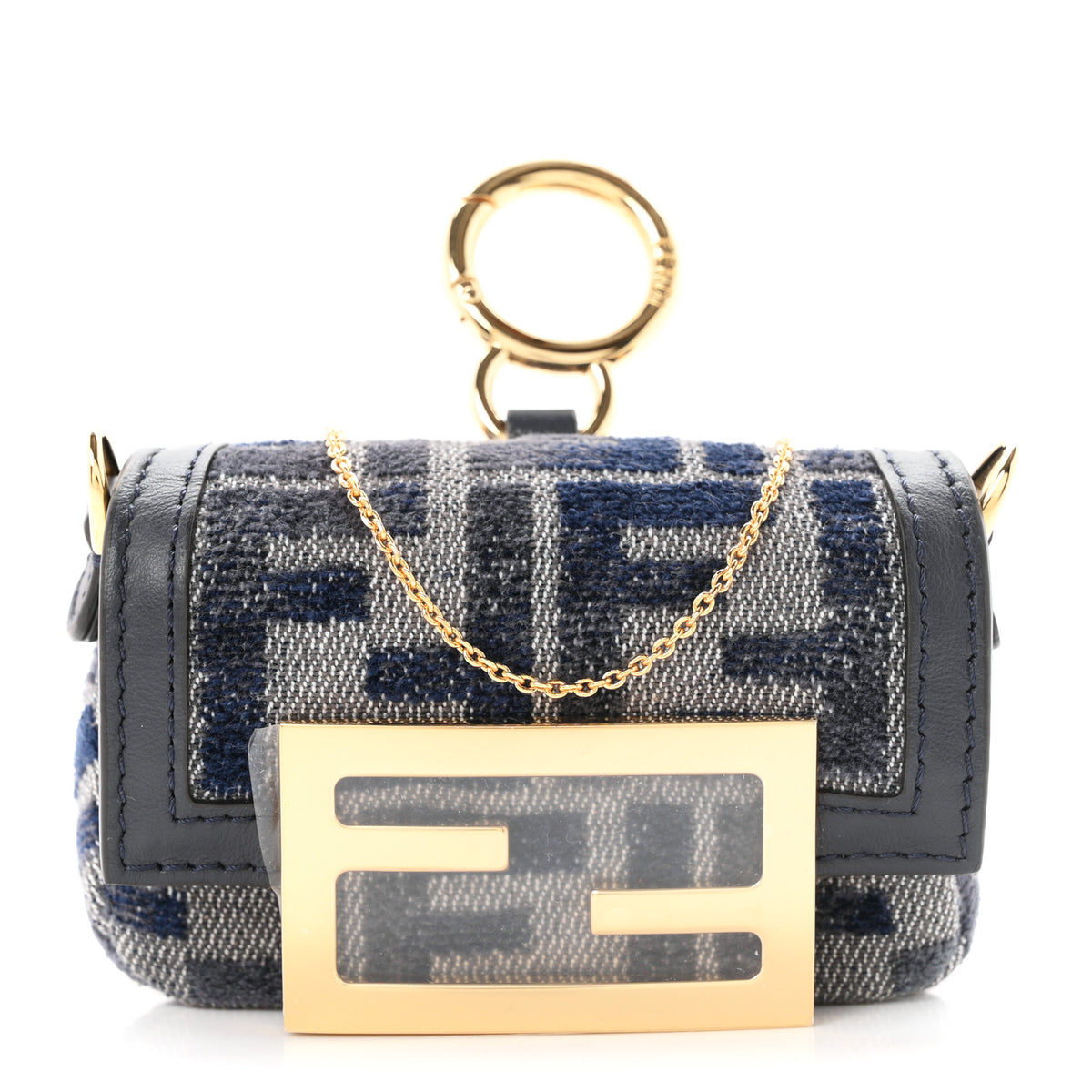 Fendi Fabric Vitello Jacquard FF Nano Maxi Buckle Baguette Charm Blue Grey 15 of 19