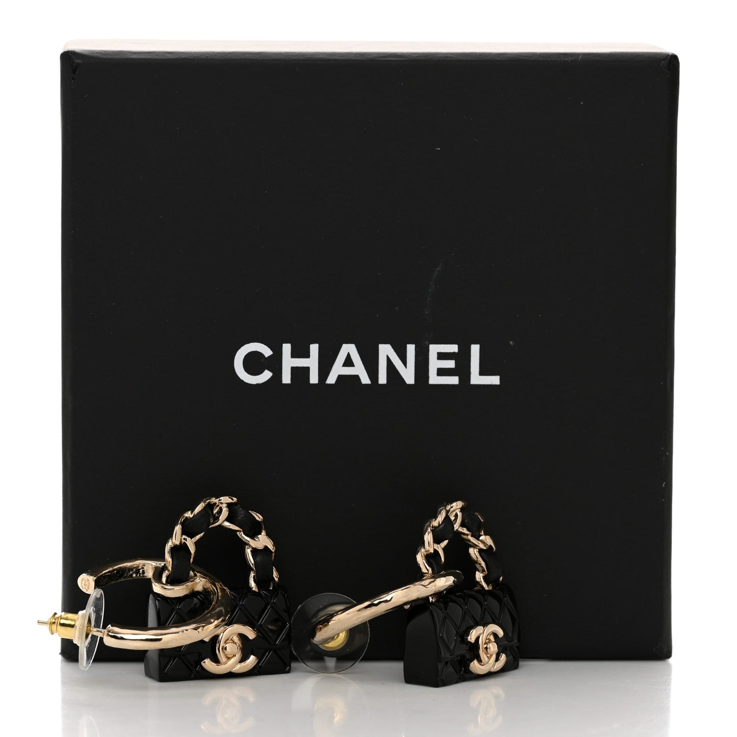 Metal Resin Lambskin Quilted CC Turnlock Chain Flap Bag Hoop Earrings Black Gold