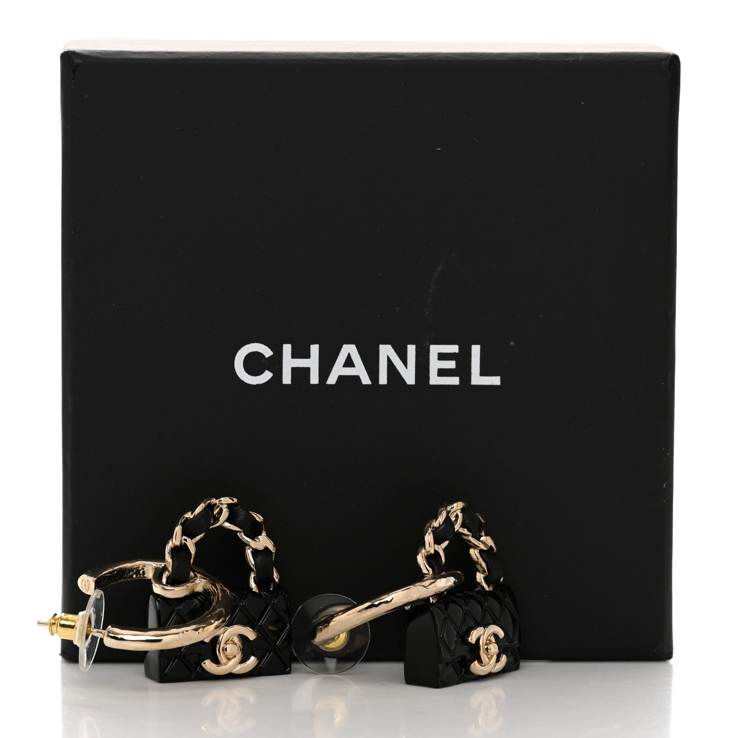Chanel Metal Resin Lambskin Quilted CC Turnlock Chain Flap Bag Hoop Earrings Black Gold 5 of 5