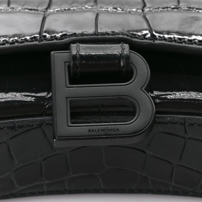 Balenciaga Shiny Calfskin Monochrome Crocodile Embossed Hourglass Chain Bag Black 7 of 11