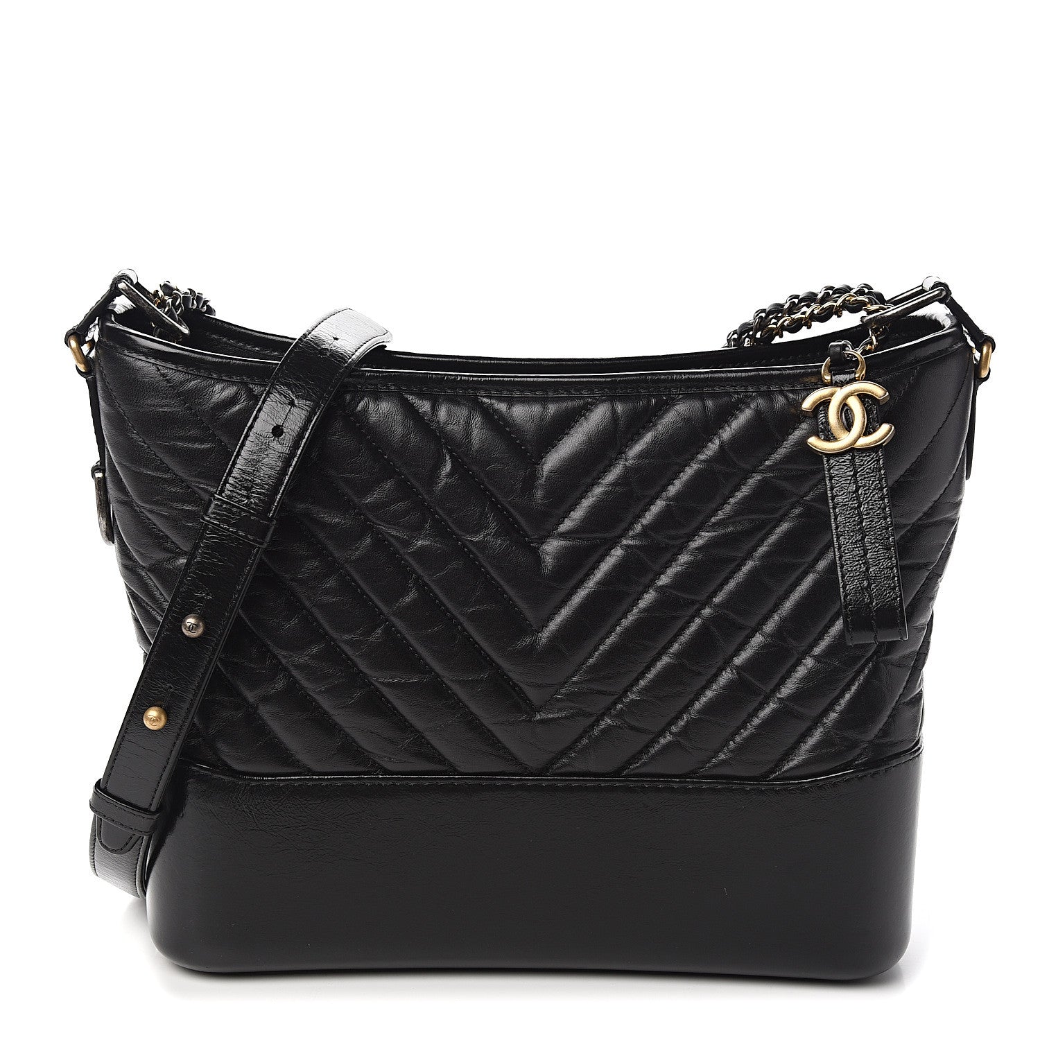 Chanel Aged Calfskin Chevron Quilted Medium Gabrielle Hobo Black 1 of 8