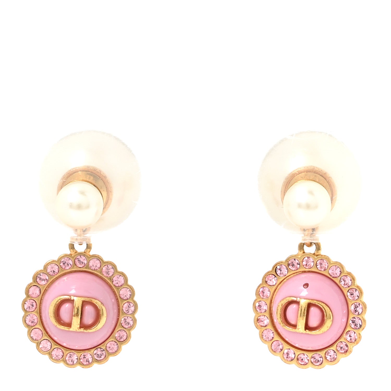 Christian Dior Resin Pearl Glass Logo Tribales Earrings Gold Pink 1 of 4