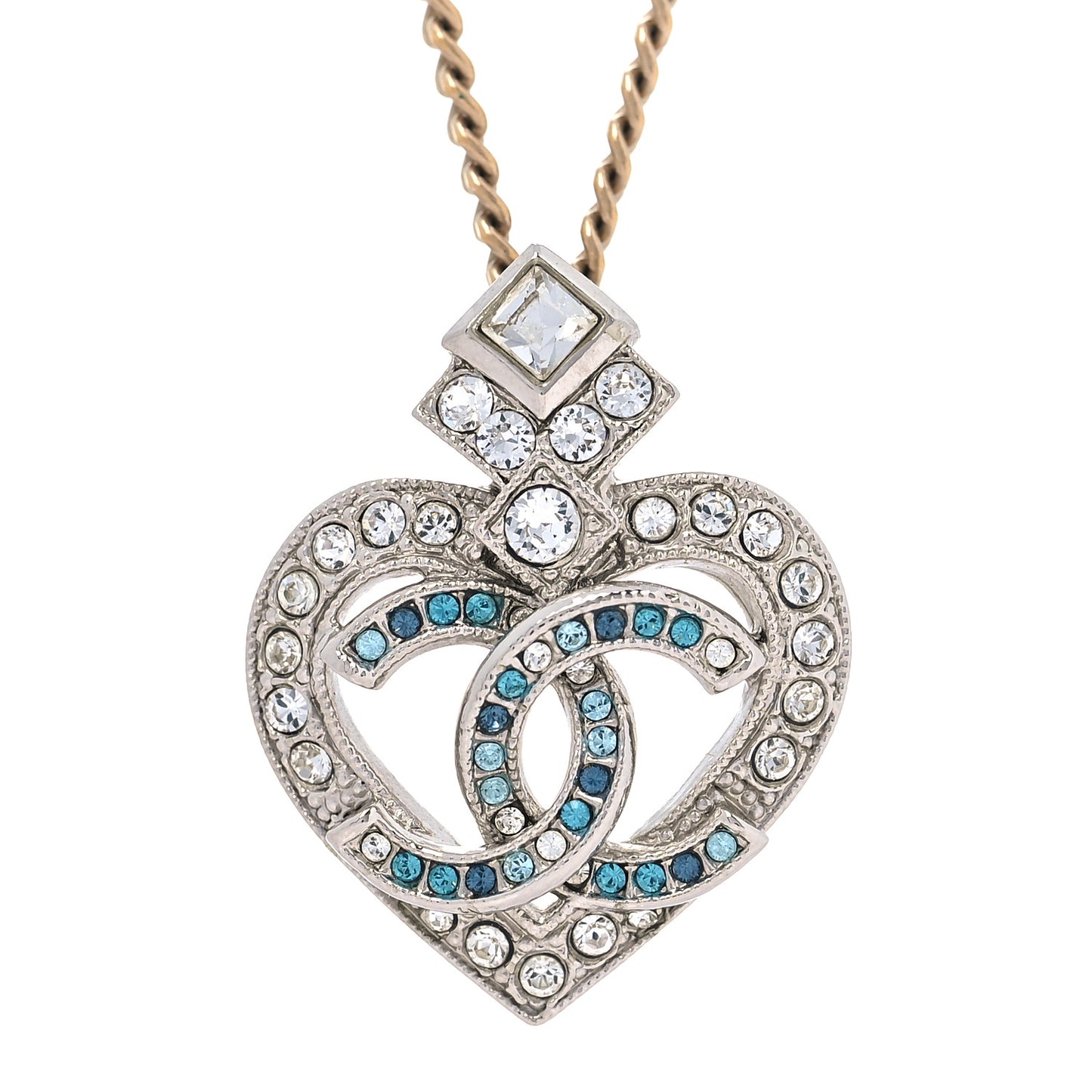 Crystal Heart CC Pendant Necklace Gold Silver Blue