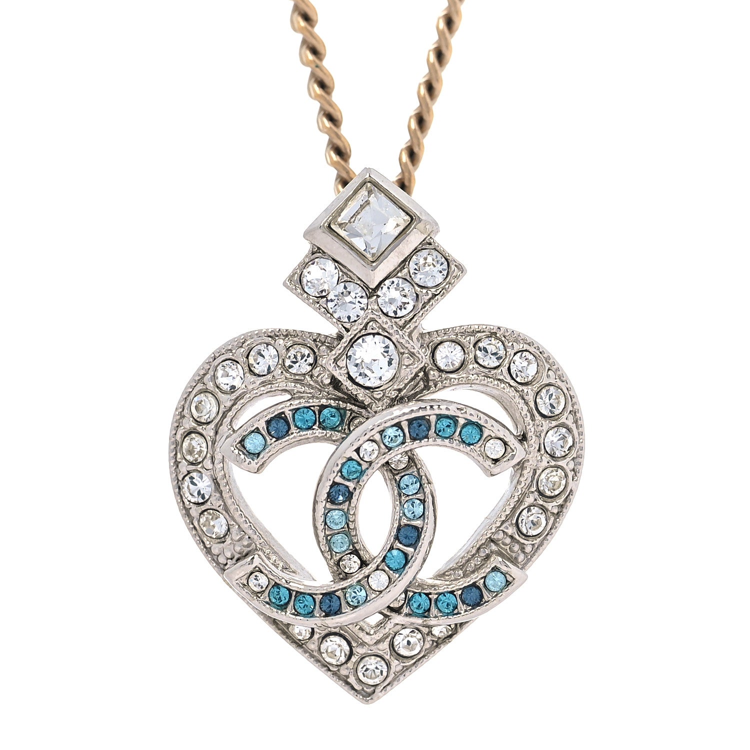 Chanel Crystal Heart CC Pendant Necklace Gold Silver Blue 4 of 6