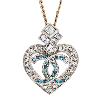 Chanel Crystal Heart CC Pendant Necklace Gold Silver Blue 4 of 6