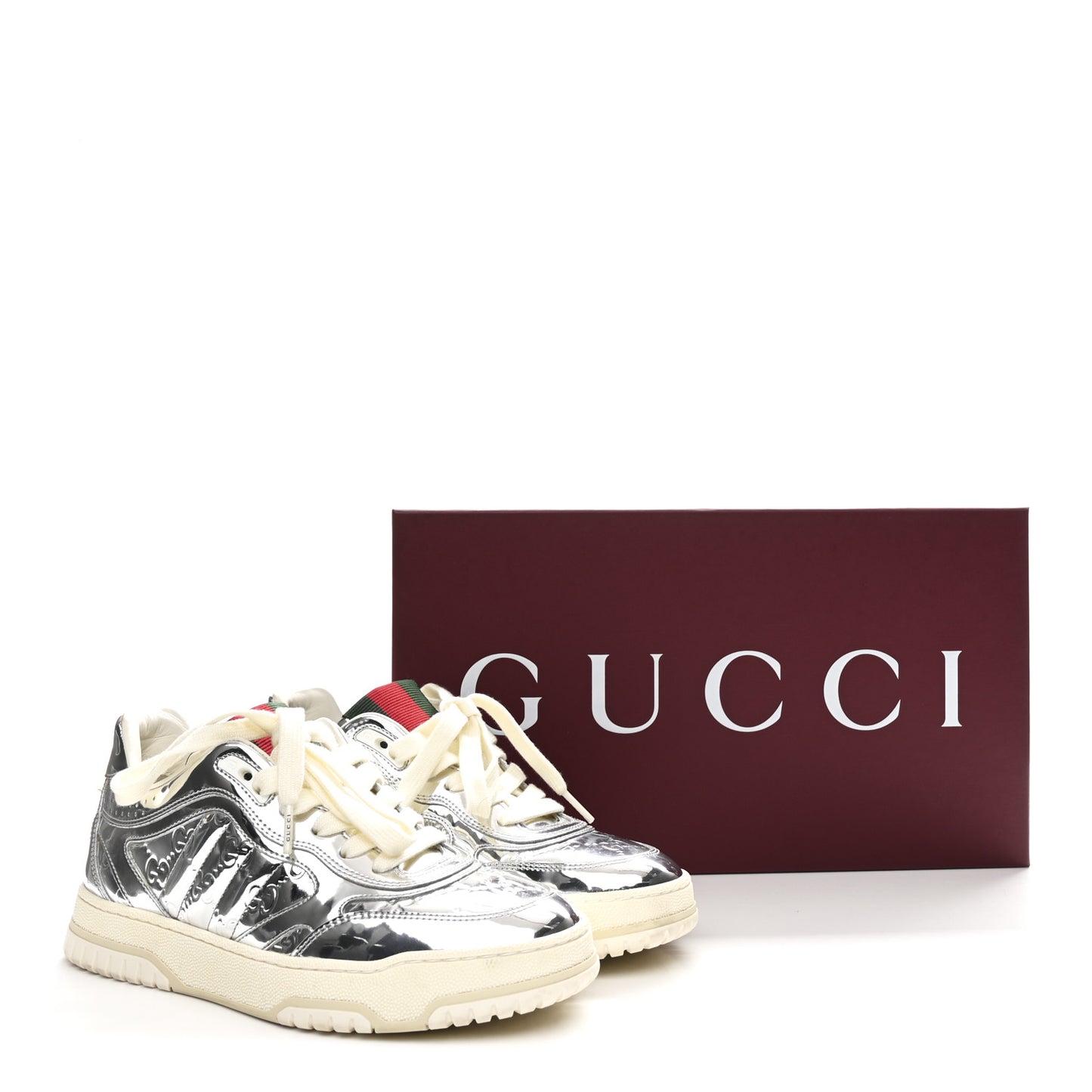 Guccissima Mirror Effect Womens Re-Web Sneakers 37.5 Silver