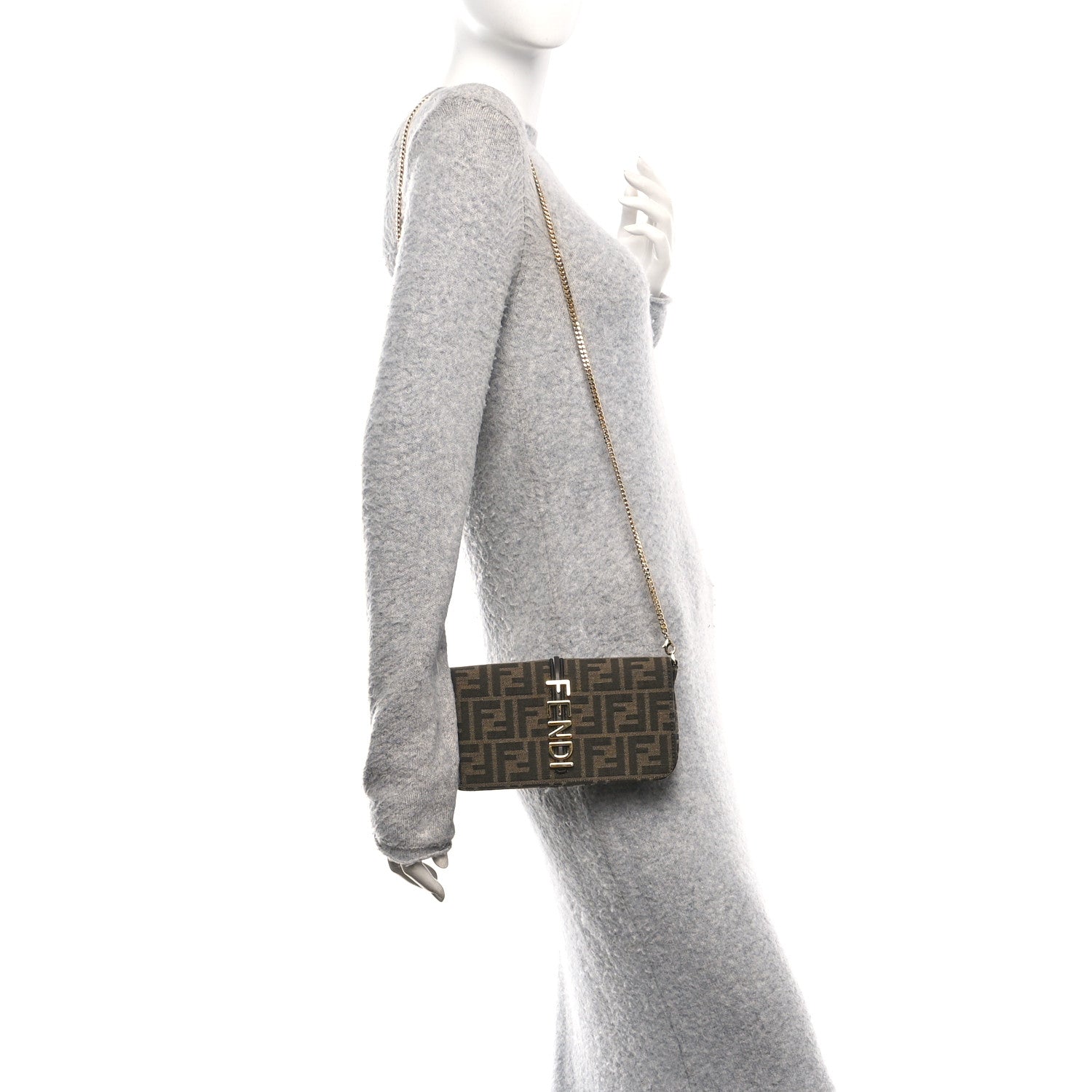Fendi Fabric Jacquard Vitello Grace FF 1974 Fendigraphy Wallet On Chain Tobacco Moro Ebano 2 of 12
