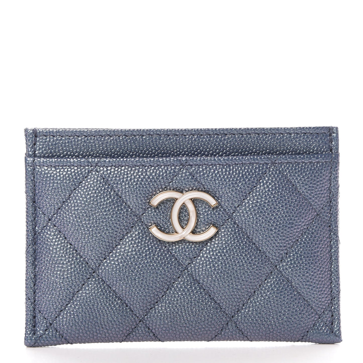 Iridescent Caviar Quilted Card Holder Dark Blue