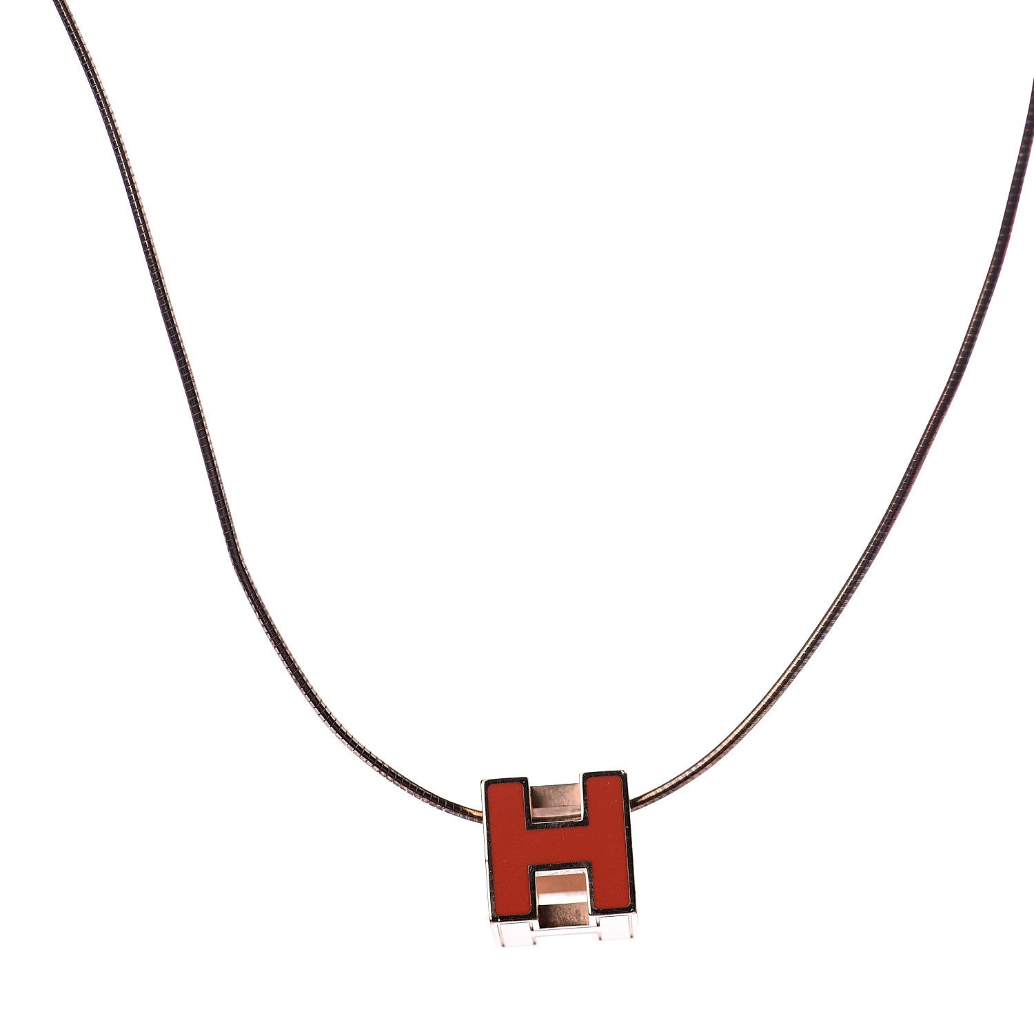 Hermes Rose Gold Lacquered Cage d'H Pendant Necklace Orange Fonce 3 of 6