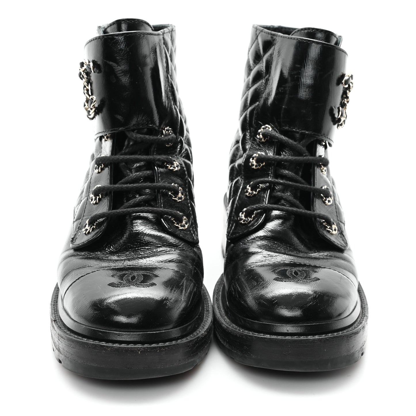 Shiny Goatskin Calfskin Quilted Lace Up Combat Boots 39 Black