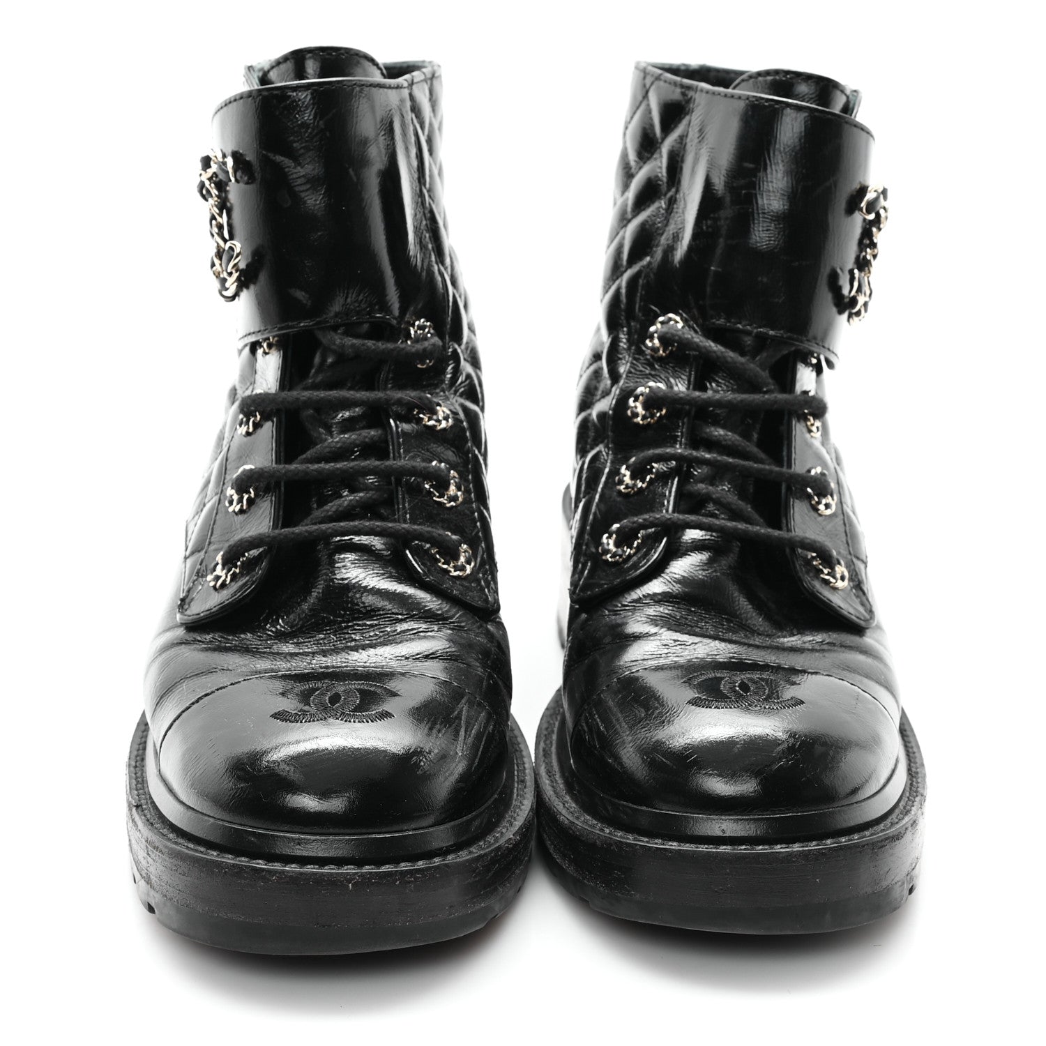Chanel Shiny Goatskin Calfskin Quilted Lace Up Combat Boots 39 Black 3 of 10