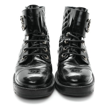 Chanel Shiny Goatskin Calfskin Quilted Lace Up Combat Boots 39 Black 3 of 10