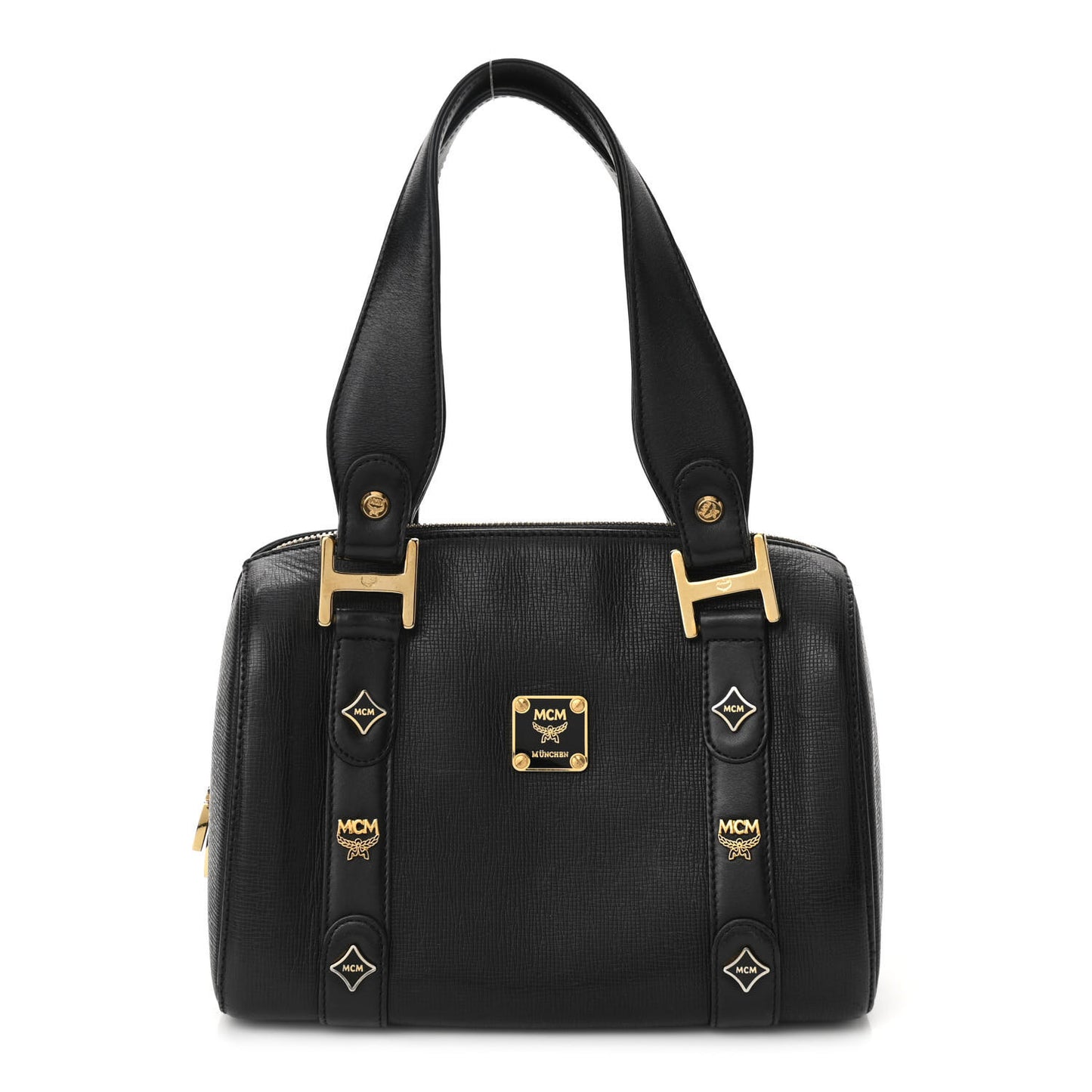 Grained Calfskin Studded Boston Bag Black