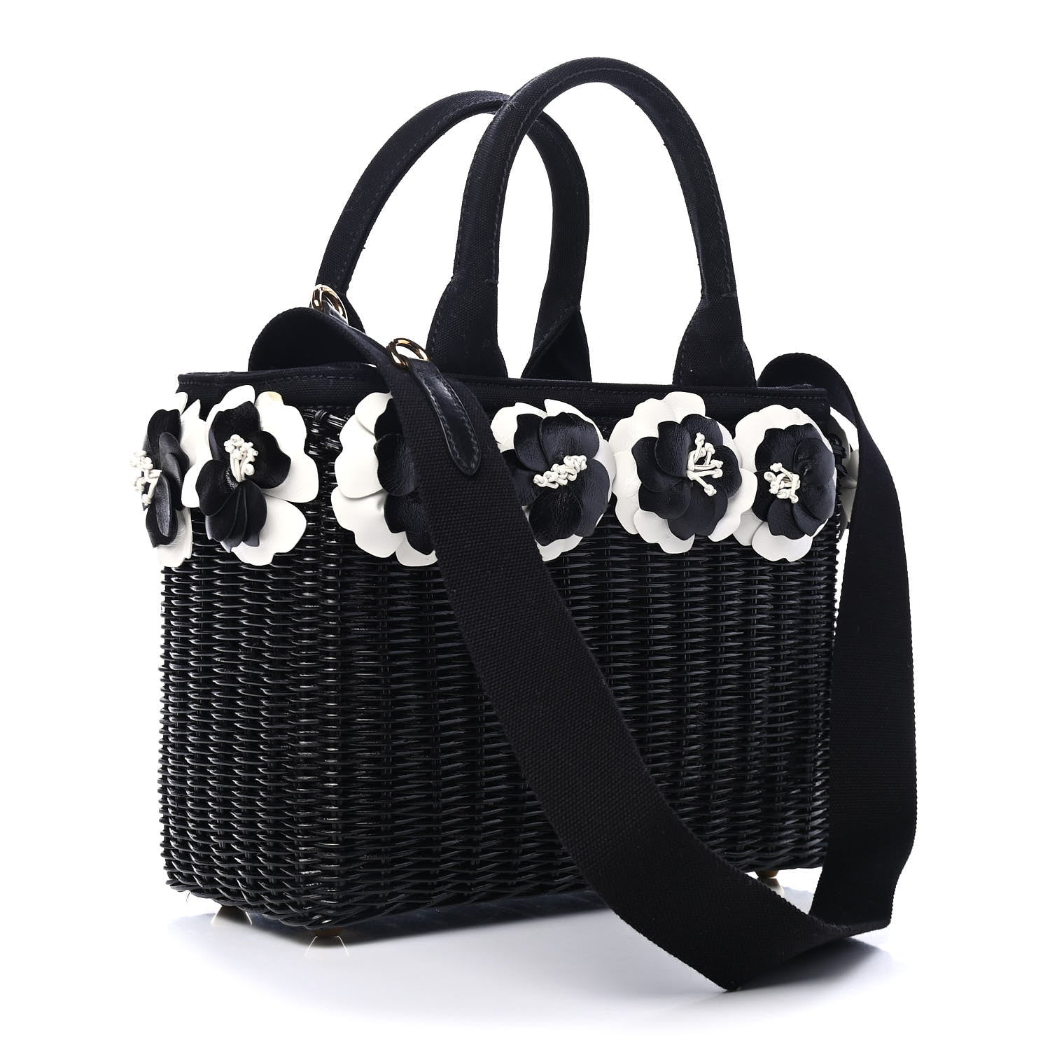 Prada Wicker Canvas Floral Embellished Shoulder Bag Black 2 of 5
