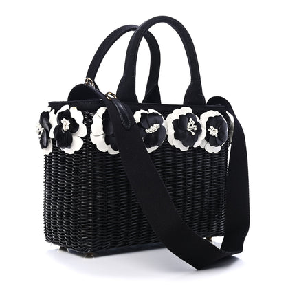 Prada Wicker Canvas Floral Embellished Shoulder Bag Black 2 of 5