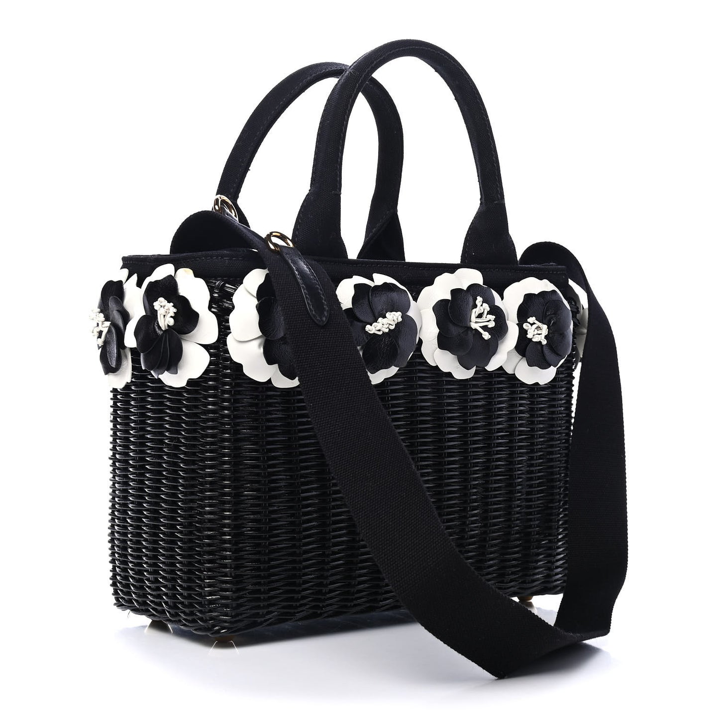 Wicker Canvas Floral Embellished Shoulder Bag Black