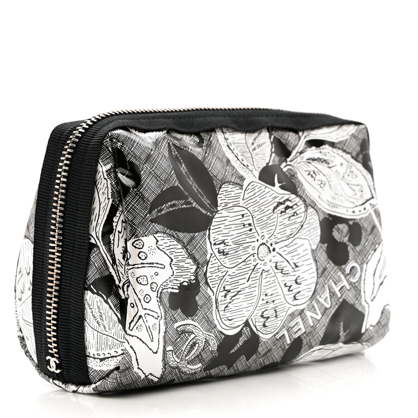 Coated Canvas Lambskin Camellia Cosmetic Pouch Black White