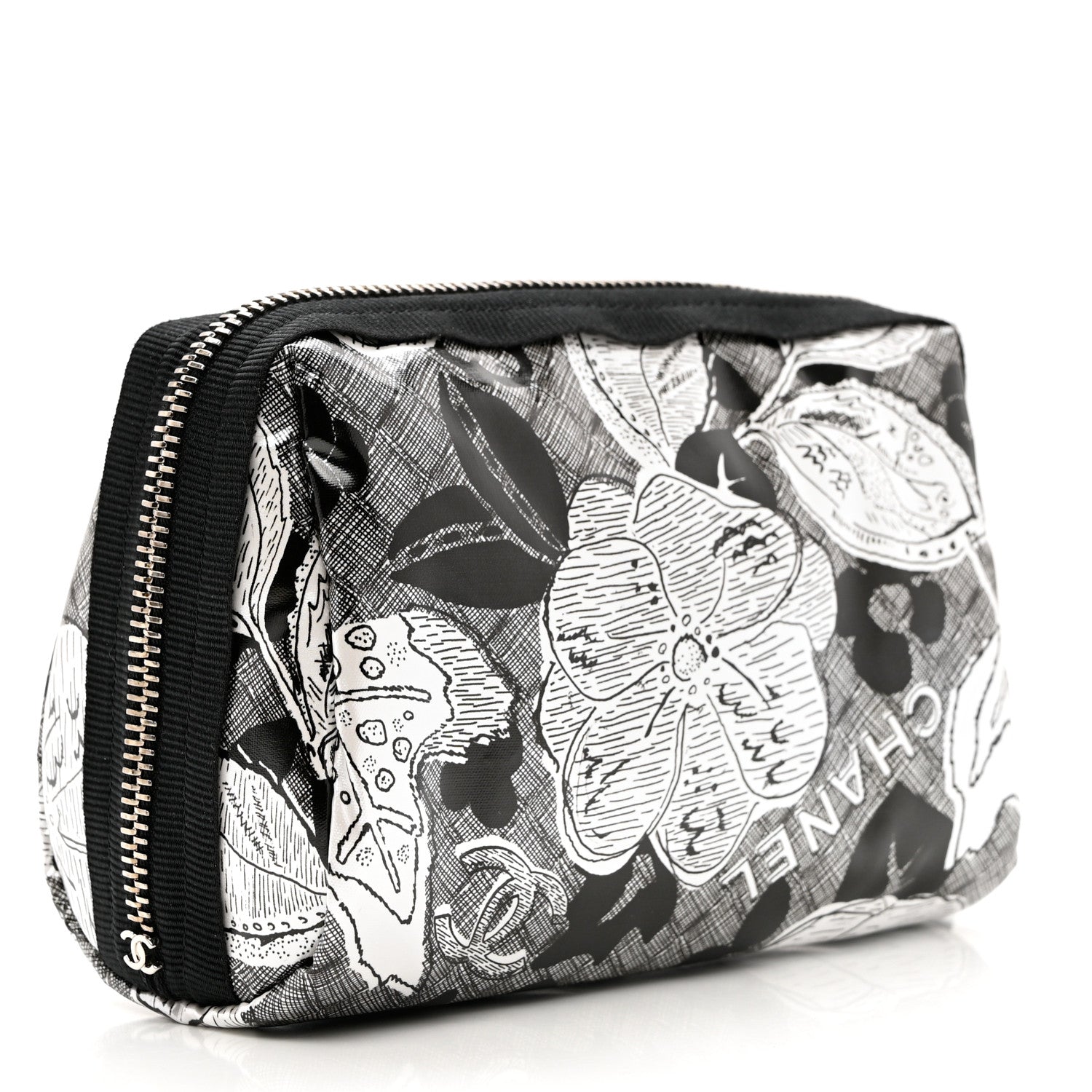 Chanel Coated Canvas Lambskin Camellia Cosmetic Pouch Black White 4 of 9