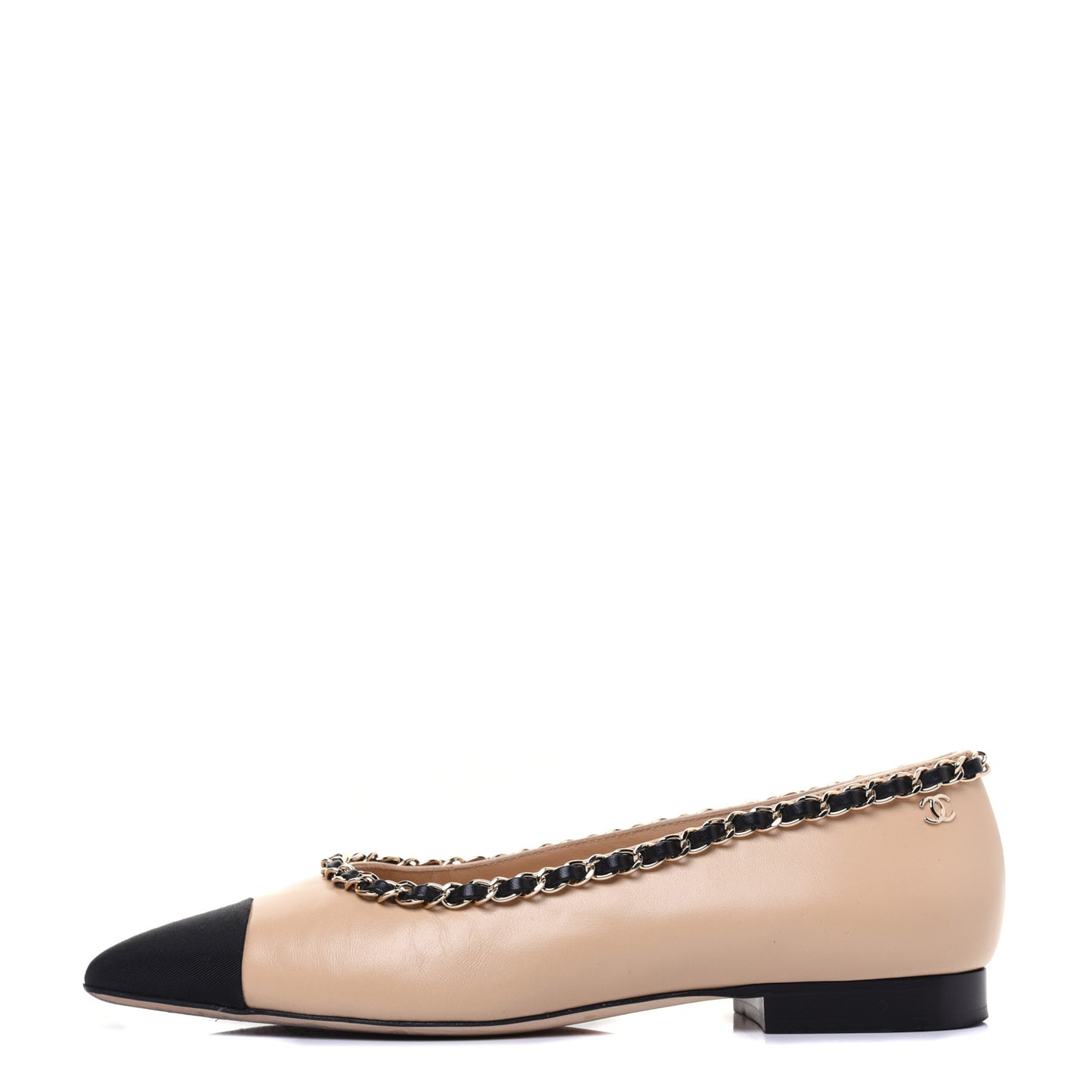 Lambskin Grosgrain Chain Cap Toe Flats 36 Beige Black