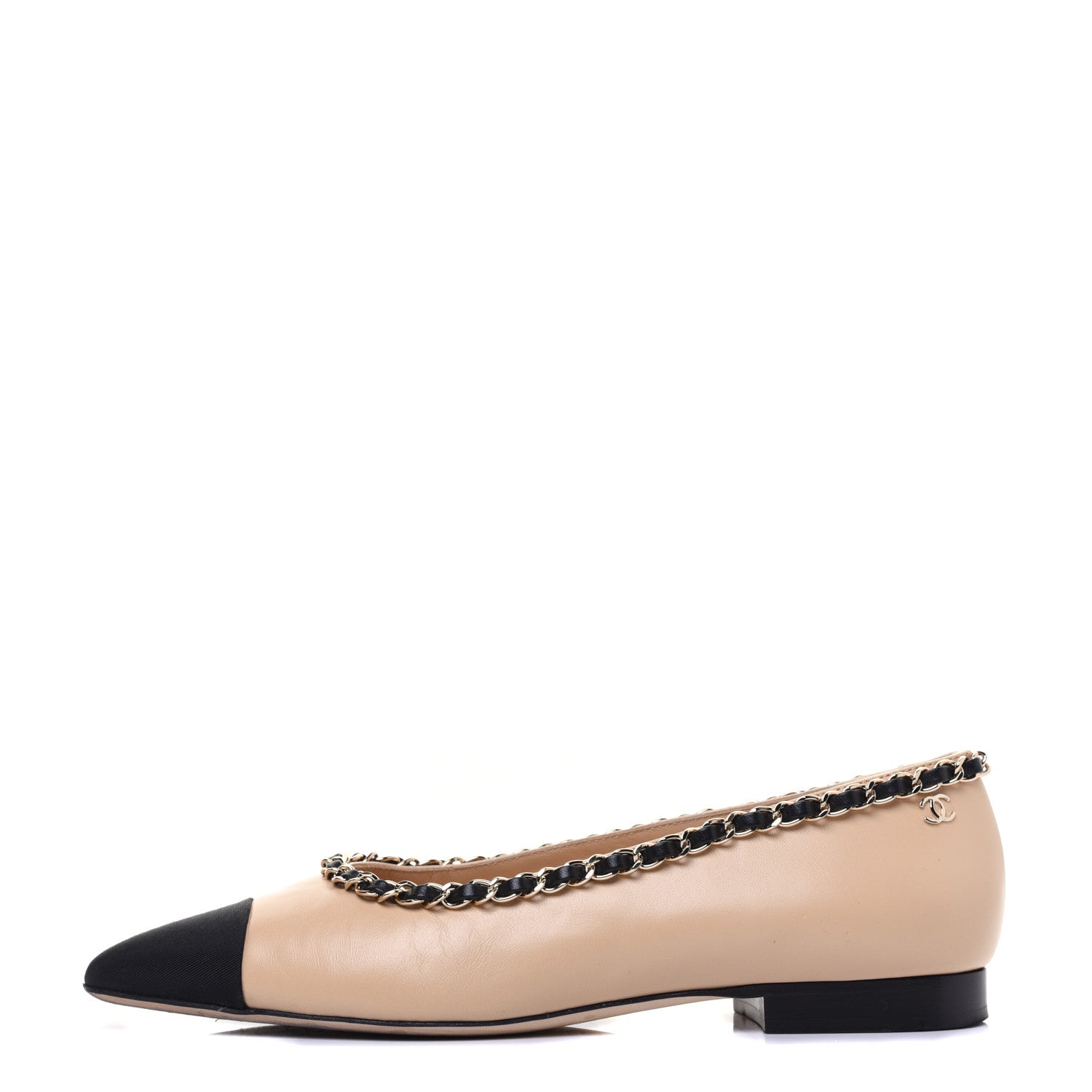 Chanel Lambskin Grosgrain Chain Cap Toe Flats 36 Beige Black 1 of 15