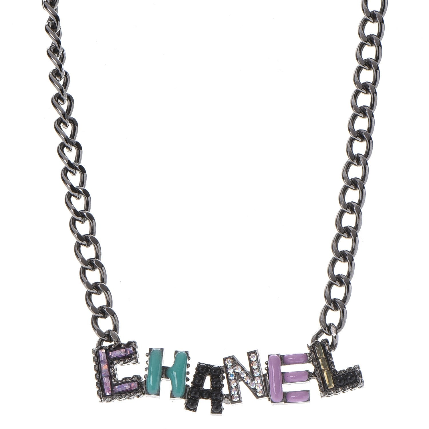 Chanel Metal Strass Enamel CC Chain Link Choker Necklace Dark Silver 1 of 8
